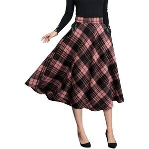 Womens Mid-calf Pink Elastic Waist A-Line Pleated Tartan Long Plaid Wool Skirt